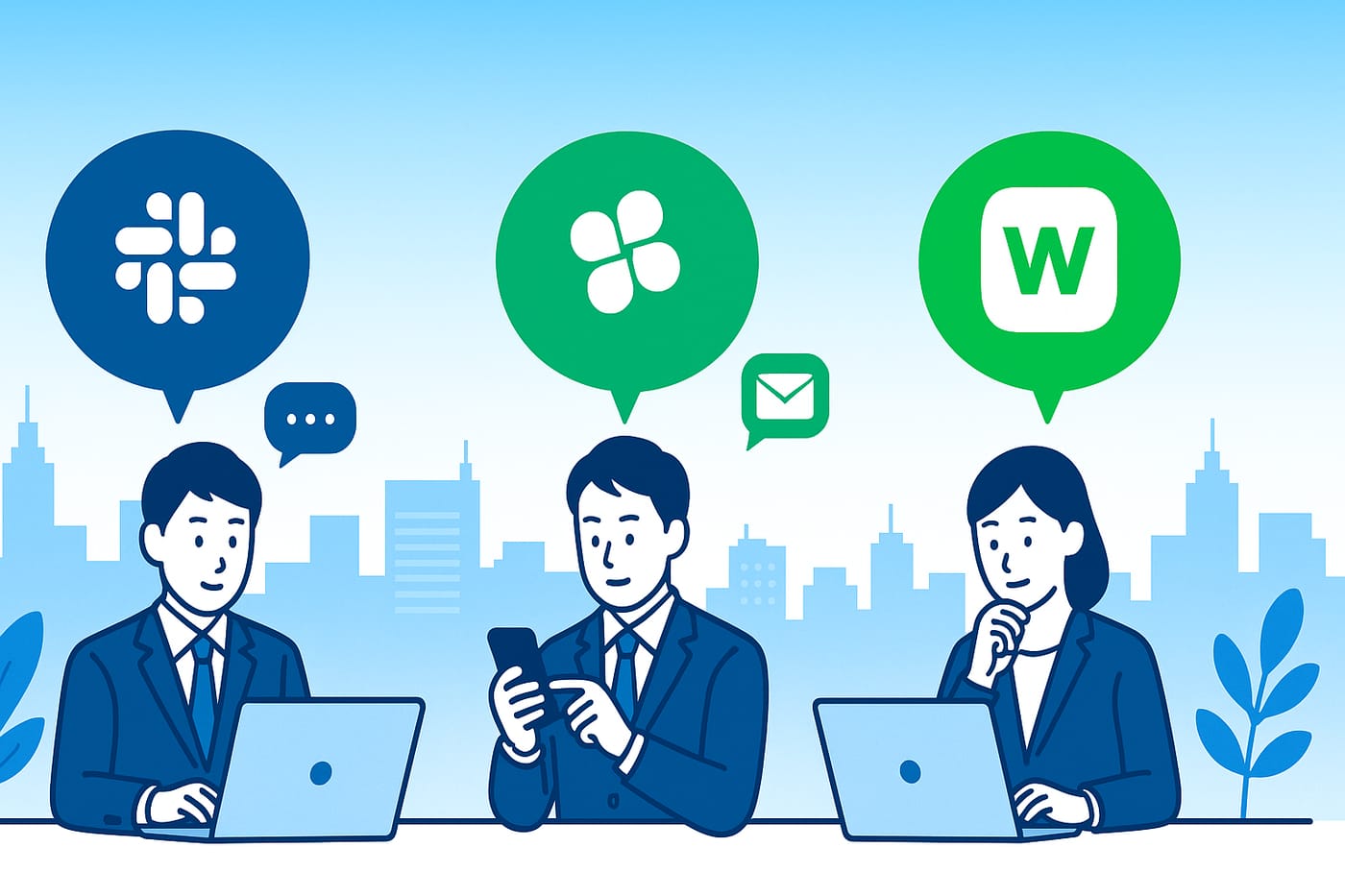 T9_keyvisual チャットツール比較。Slack vs Chatwork vs LINE WORKS。中小企業の選び方
